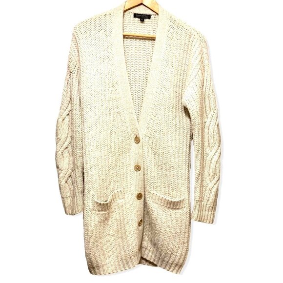 Banana Republic Italian Yarn Oversize Cardigan Sweater Cable Knit Beige Chunky S - Picture 2 of 13